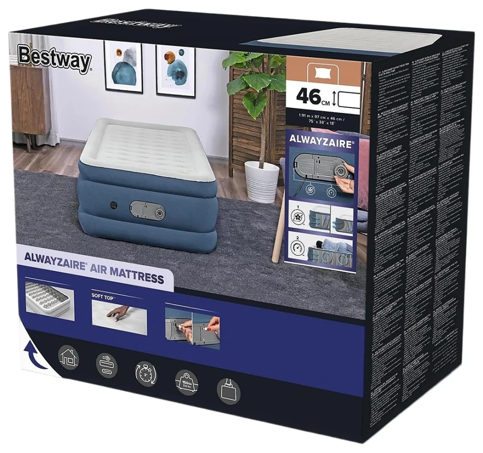 Надувне ліжко Bestway 6713P (191x97x46 см) c вбудованим насосом, автопідкачування, порти USB
