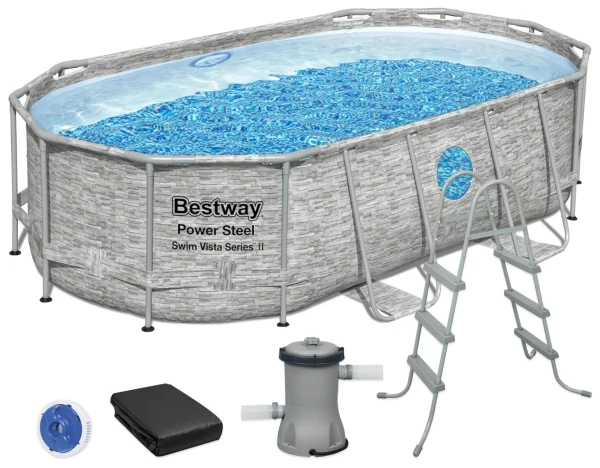 Каркасний басейн Bestway 56714 (427x250x100 см) насос-фільтр, сходи, тент, 2 вікна