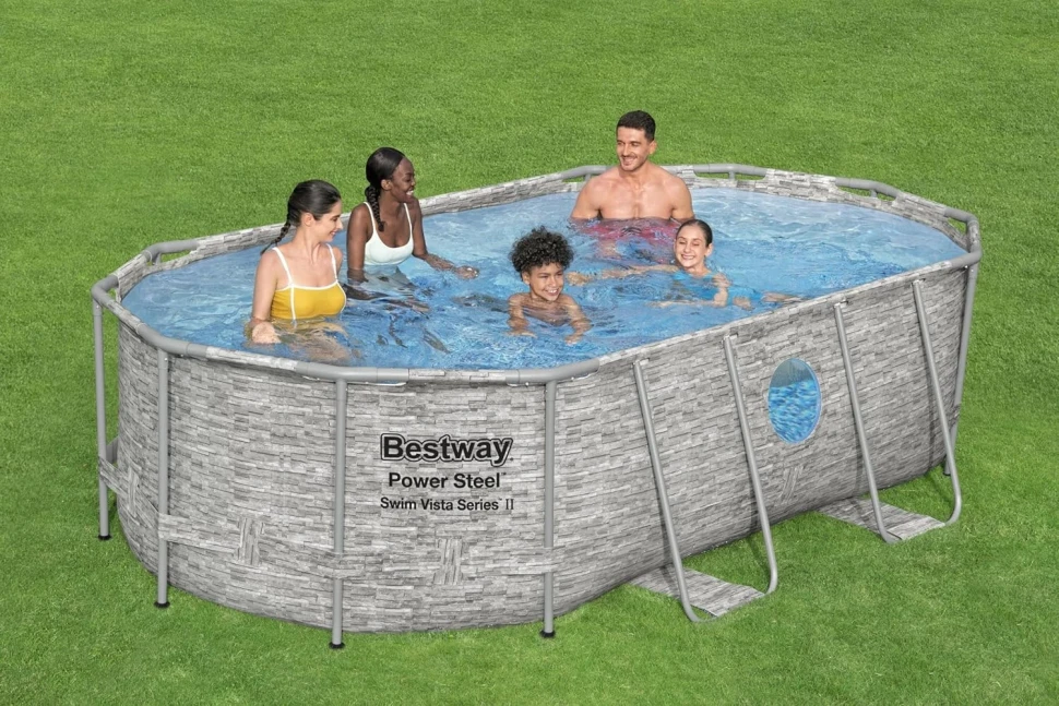 Каркасный бассейн Bestway 56714 (427x250x100 см) насос-фильтр, лестница, тент, 2 окна