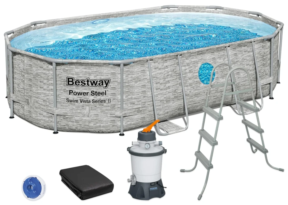 Каркасный бассейн Bestway 56946 (488x305x107 см) песочный насос-фильтр, лестница, тент, 2 окна
