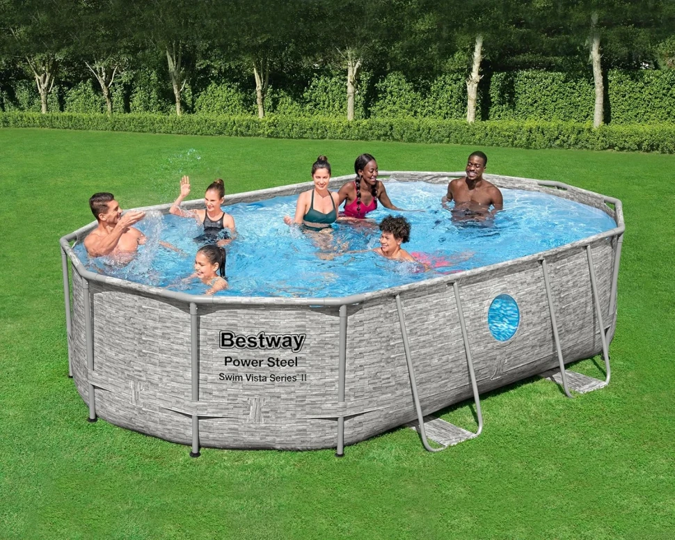 Каркасный бассейн Bestway 56946 (488x305x107 см) песочный насос-фильтр, лестница, тент, 2 окна