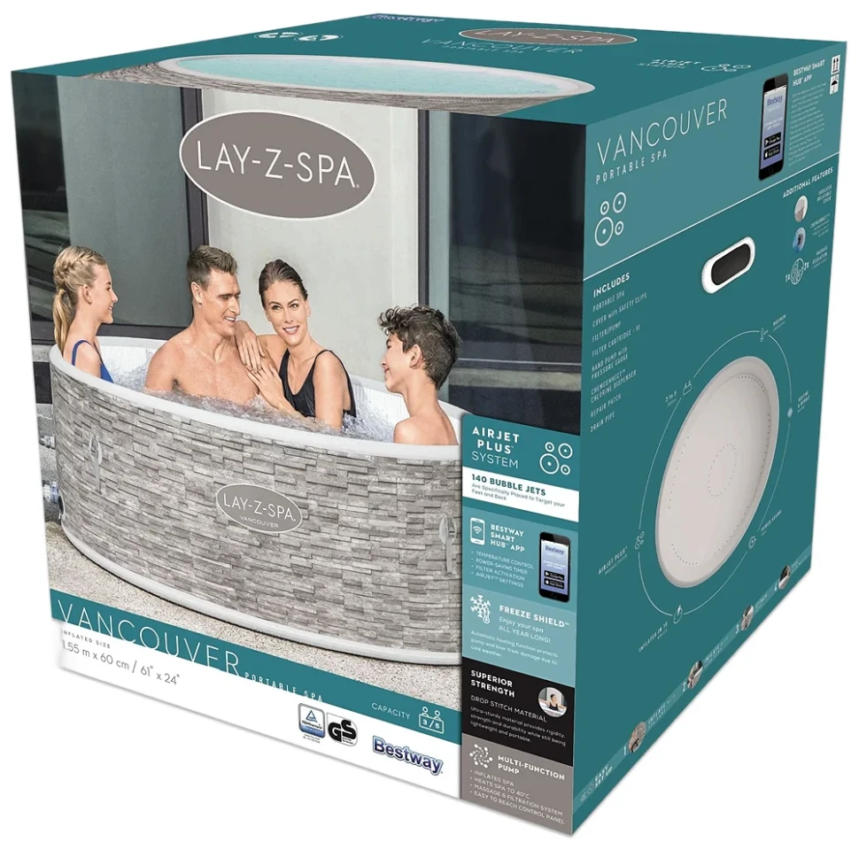 Надувной джакузи Bestway 60027 Vancouver (155x60 см, аэромассаж, 140 форсунок, Wi-Fi)