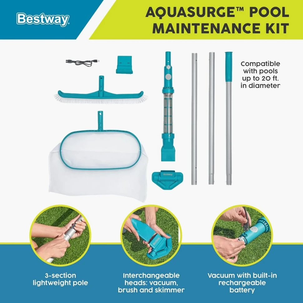 Набір для чищення басейну Bestway 58831 (акумуляторний пилосос, сачок, щітки, телескопічна ручка)