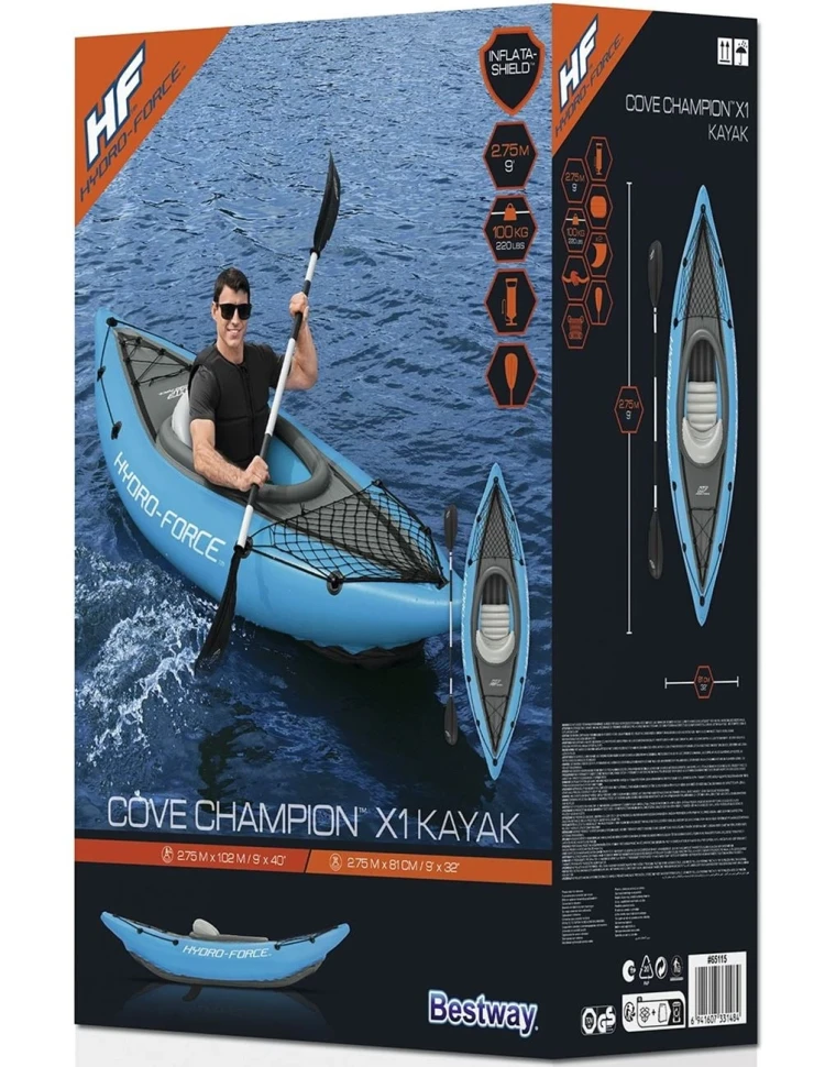 Каяк надувний Bestway 65115 Cove Champion X1 (275x81 см) весло, насос