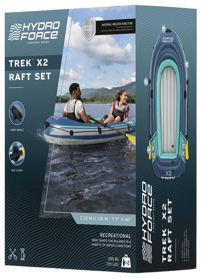 Човен надувний Bestway 61153 Trek X2 Raft (232x118x37 см) весла, насос